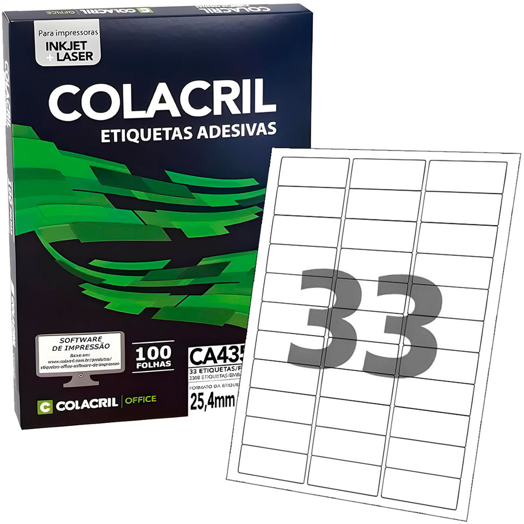 Etiqueta Adesiva A4 25,4 X 63,5mm 100 Folhas Impressora Ca4356 Colacril Inkjet Laser