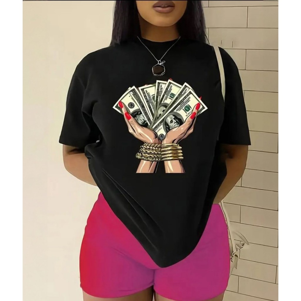 T-shirt feminina blusa manga curta estampada dolar moderna dia a dia confortavel casual moda feminina