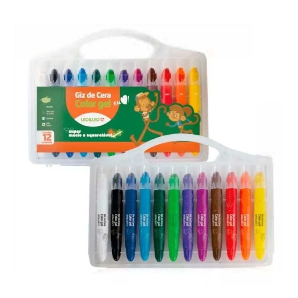 Giz De Cera 12 Cores Color Gel Aquarelável Escolar Leo&leo