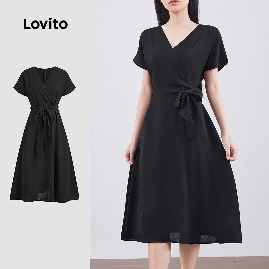 Lovito Vestido simples elegante com cinto liso para mulheres L129ED736 - Women Clothes