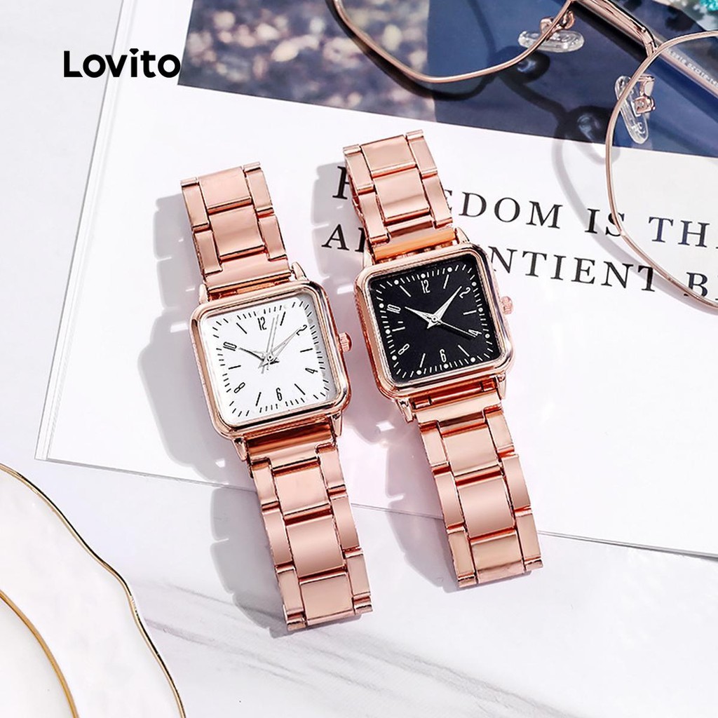 Lovito Relógio de quartzo Casual com número liso que brilha no escuro quadrado versão coreana para mulheres LFA77531 - Watches
