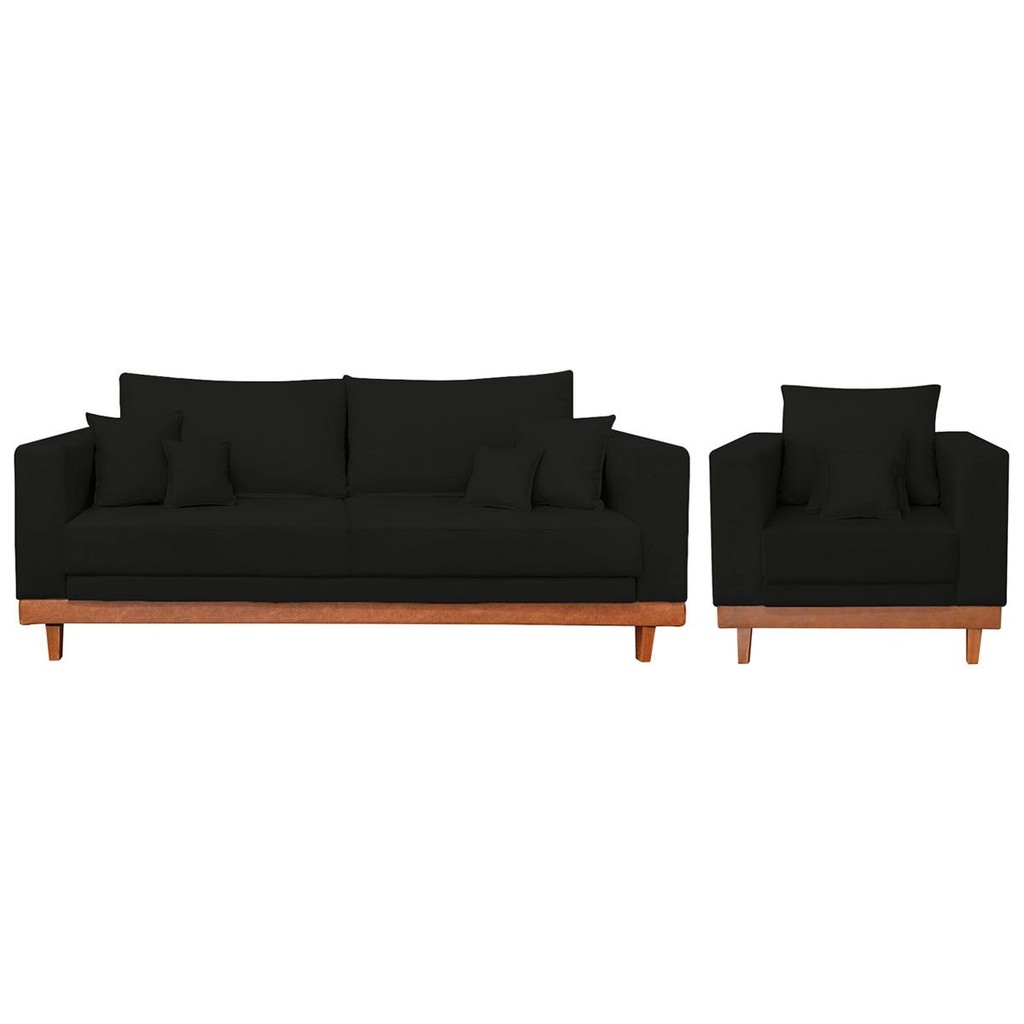 Kit Poltrona Living + Sofá 3 Lugares com Base Madeira Suede em Oferta na Shopee