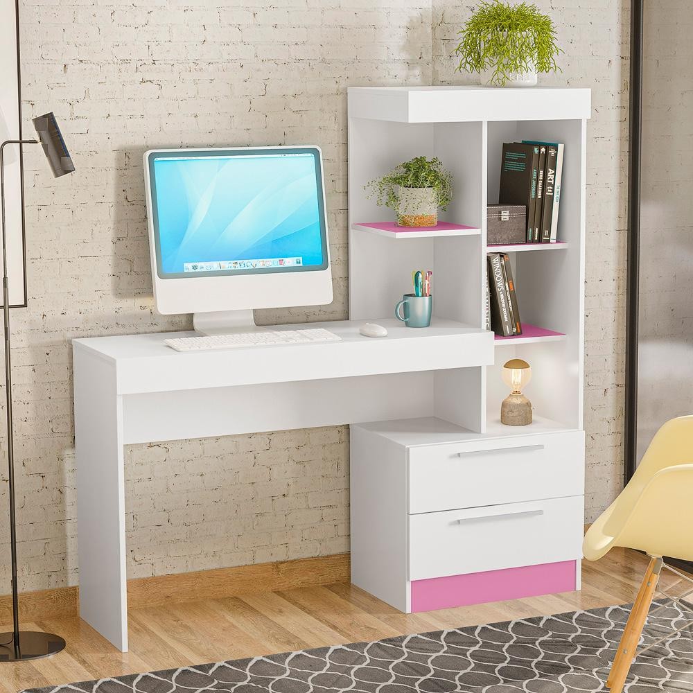 Mesa Para Computador Escrivaninha Home Office Estudos 2 Gavetas Escritório Quarto Branco e Rosa Flex em Oferta na Shopee