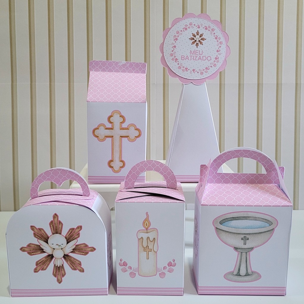 Kit Festa Batizado Rosa Batismo Pegue Monte Caixinha Lembrancinha Menina Não Personalizado Bege Luxo Pronta Entrega