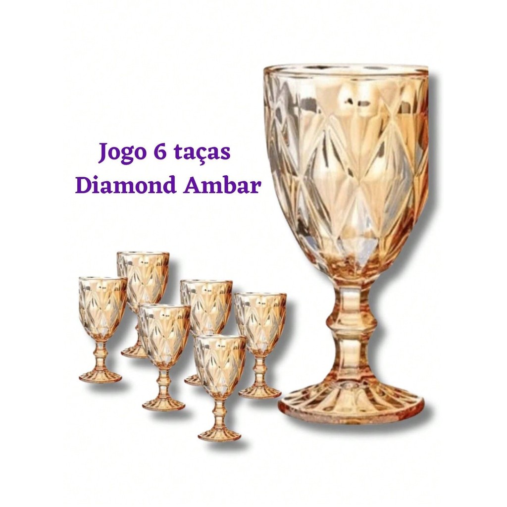 Jogo de Taças 320ml De Vidro Diamond Taça de Vinho Água Drinks Com 6 Und Ambar Dourada Bebidas Bico de Jaca Abacaxi