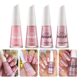 Kit 4 Esmalte Risque Tons Rosa Cremoso Glitter Perolado 8ml