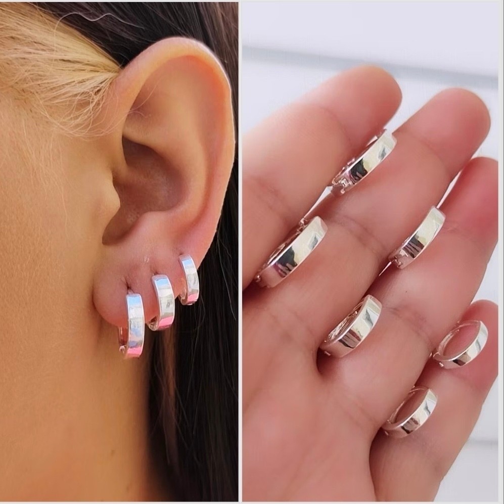 Trio Brinco Argola Lisa Click De Prata 925 Primeiro Segundo Terceiro Furo em Oferta na Shopee