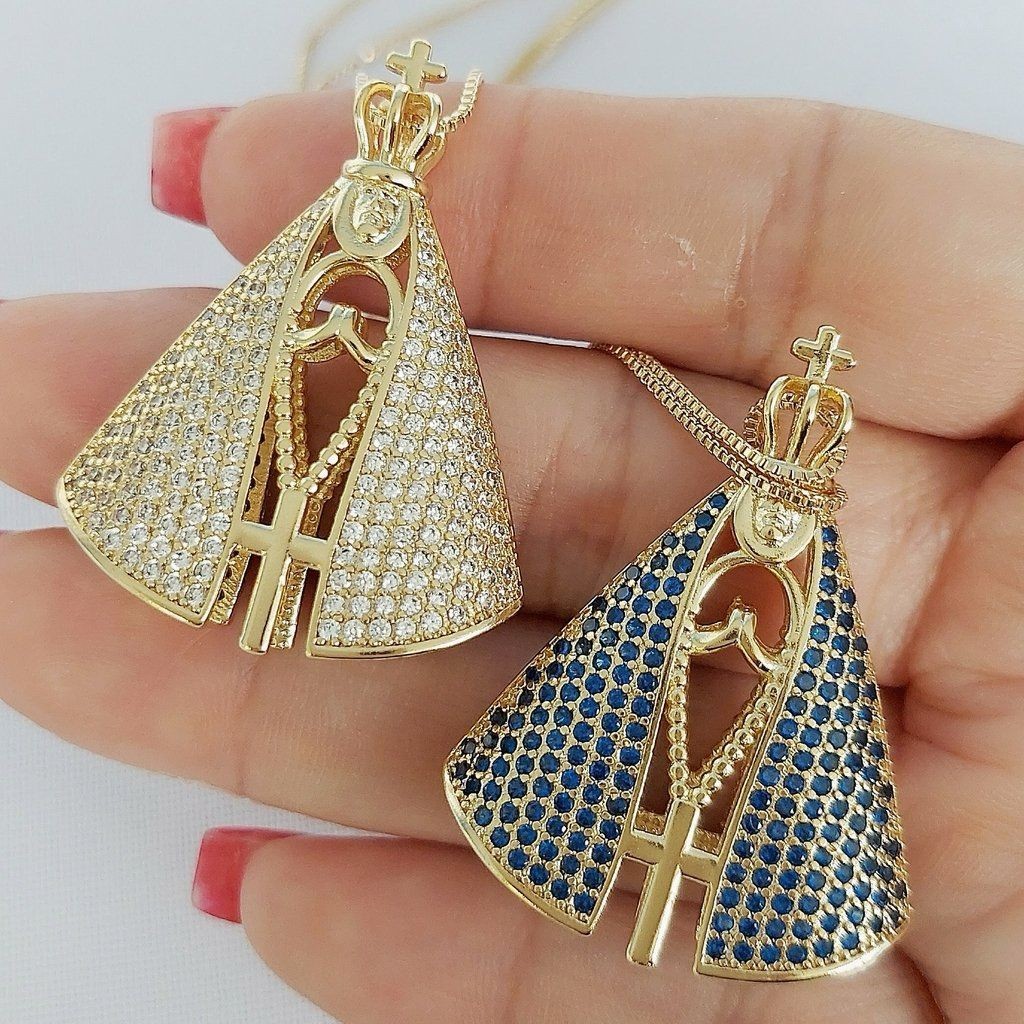 Colar Nossa Senhora Aparecida Dupla Face 4cm Cravejada de Zircônia Folheados Moda Mulher BJ130