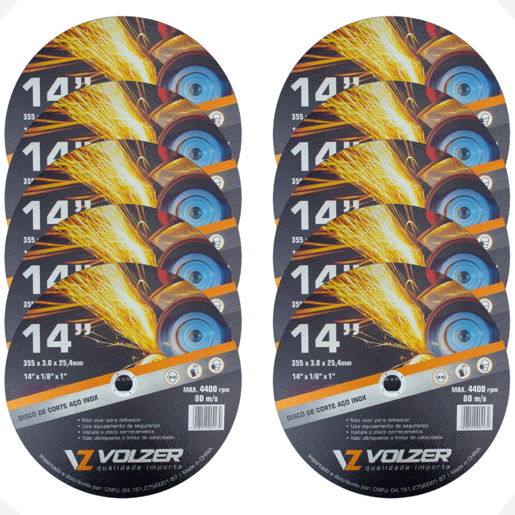 Kit 10 Discos de Corte Policorte Volzer Aço Inox 14 Pol x 3mm x 1 Pol