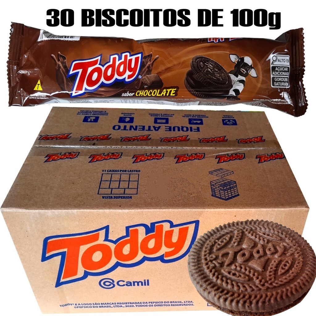 Biscoito Toddy Chocolate Bolacha Recheado Caixa 30 Unidades 100g