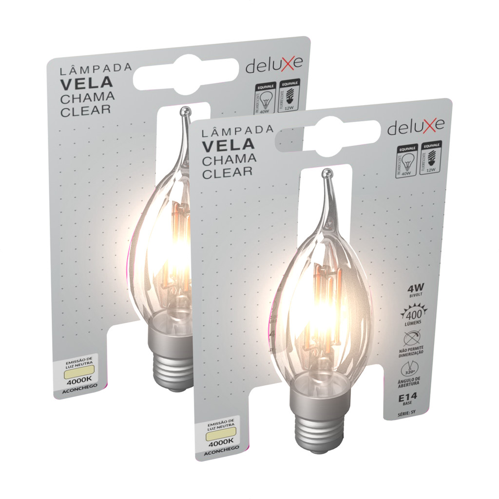 Kit 2 Lampadas Led Vela Filamento Chama Clear 4w 4000k Branco Neutro E14 110v/220v Cod: 351170876-2 Deluxe By Avant em Oferta na Shopee