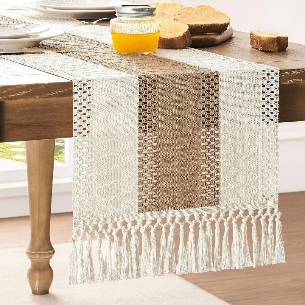 Boho Corredor De Mesa Natural Fazenda Algodão De Jantar Com Borlas Para Boêmio Rústico Dec...