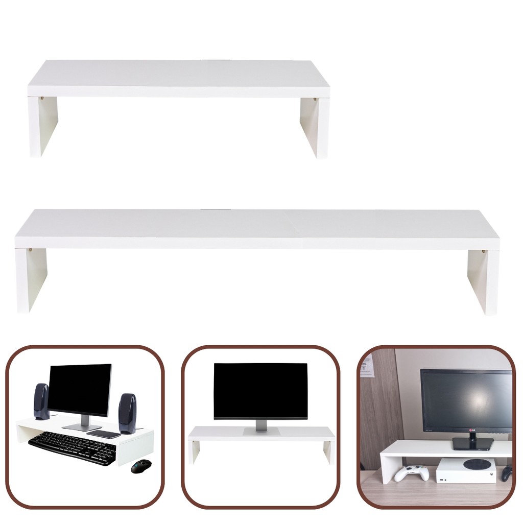 Kit 1 Suporte Monitor 15x90x20cm + 1 Suporte Monitor 10x60x20cm MDF Branco