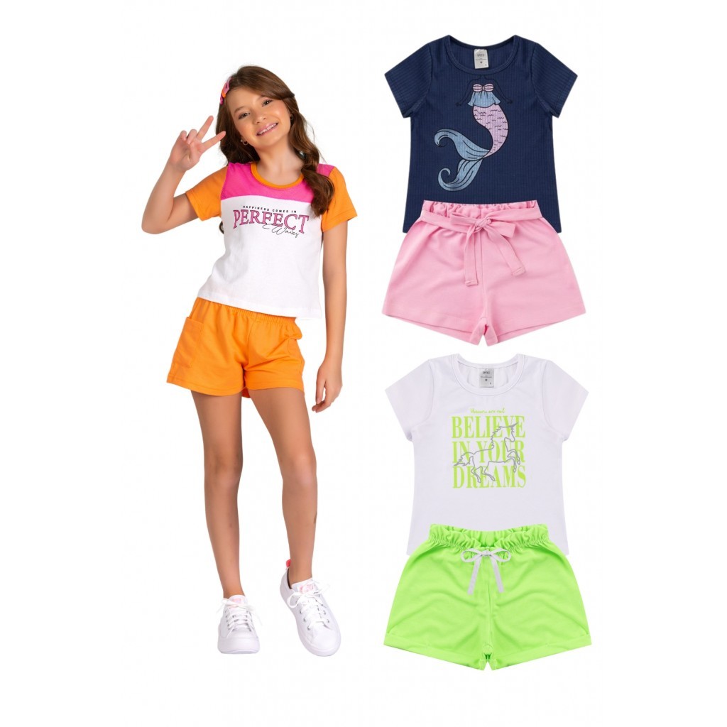 Kit Sortido 4 Peças de Roupas Infantis Feminino Verão - 2 Camisas + 2 Shorts em Oferta na Shopee