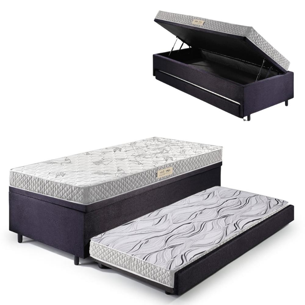 Bicama Box Baú Solteiro Com Colchão Ecoline D23 Ecoflex Suede Preto 88x188
