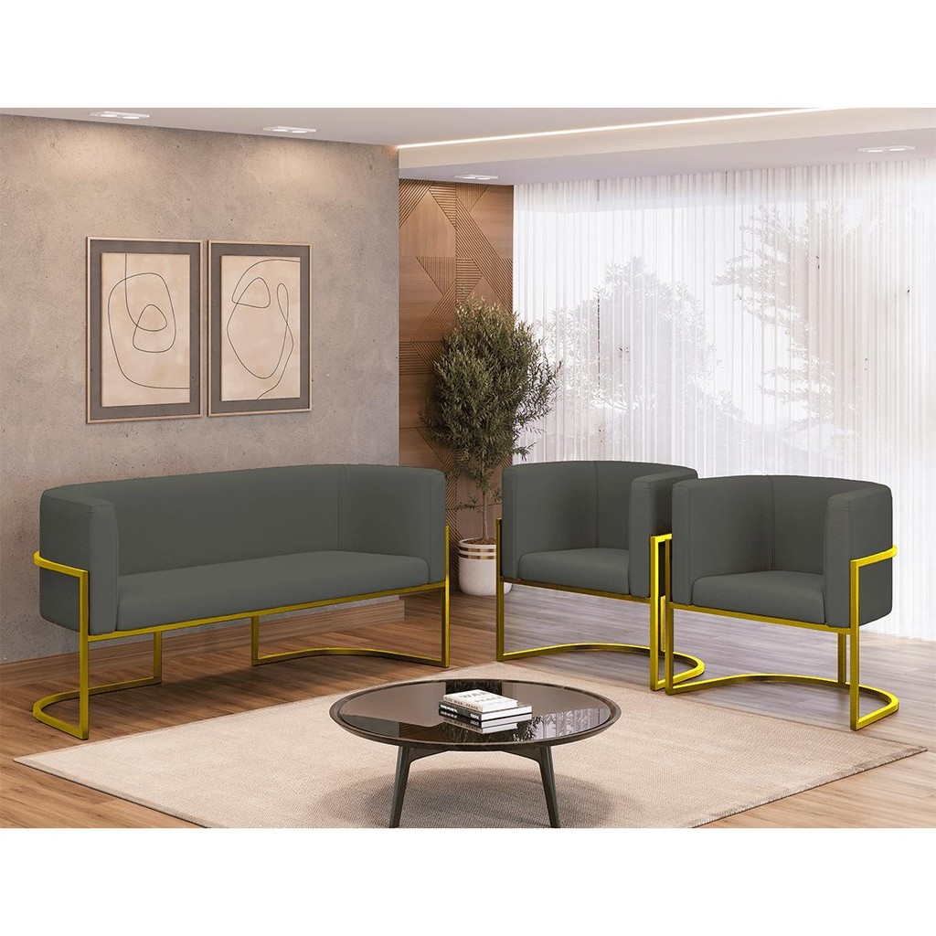Kit 2 Poltronas + Sofá 2 Lugares para Recepção Gold Veludo em Oferta na Shopee
