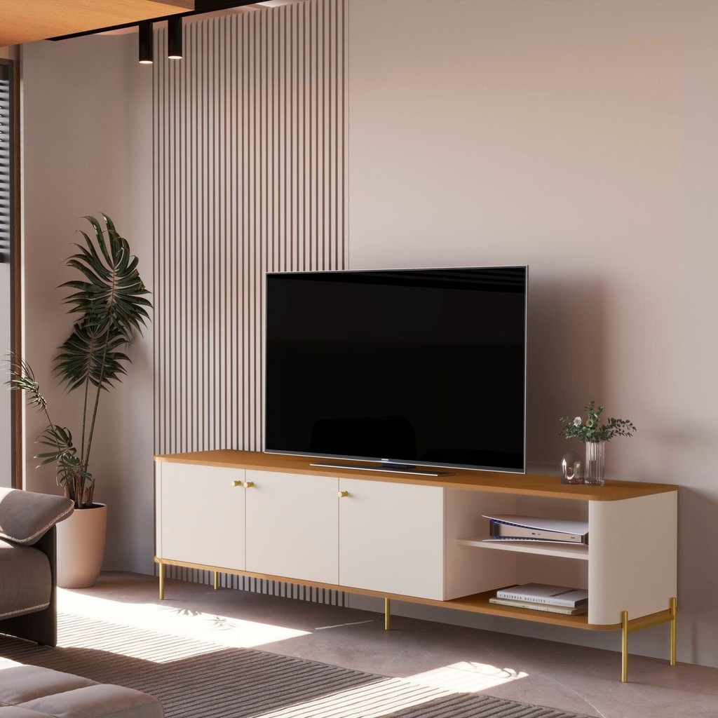 Rack para TV até 75 Polegadas Curvo Pés e Puxadores em Metal Tucupí Off White/Nature/Dourado em Oferta na Shopee