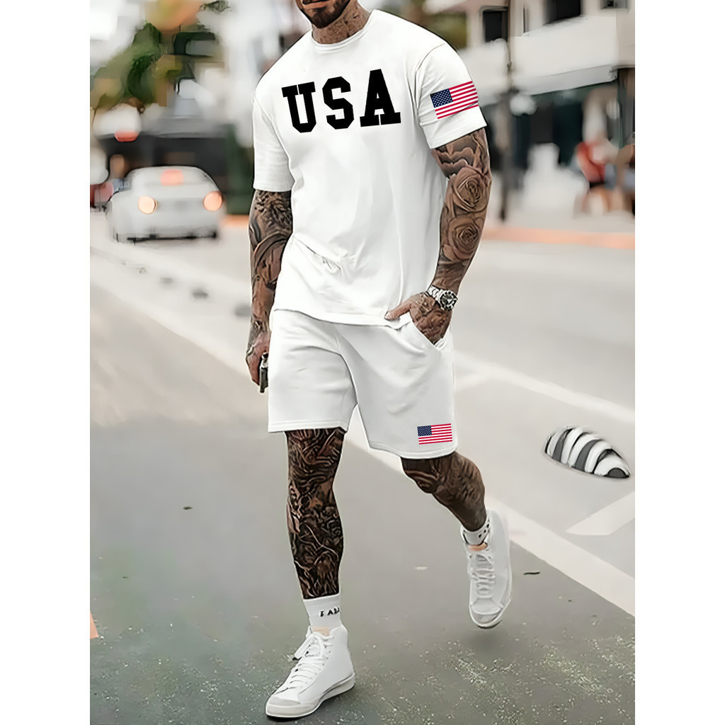 Conjunto Masculino Usa Camiseta Streetwear Masculina + Bermuda Tectel Estampada Kit