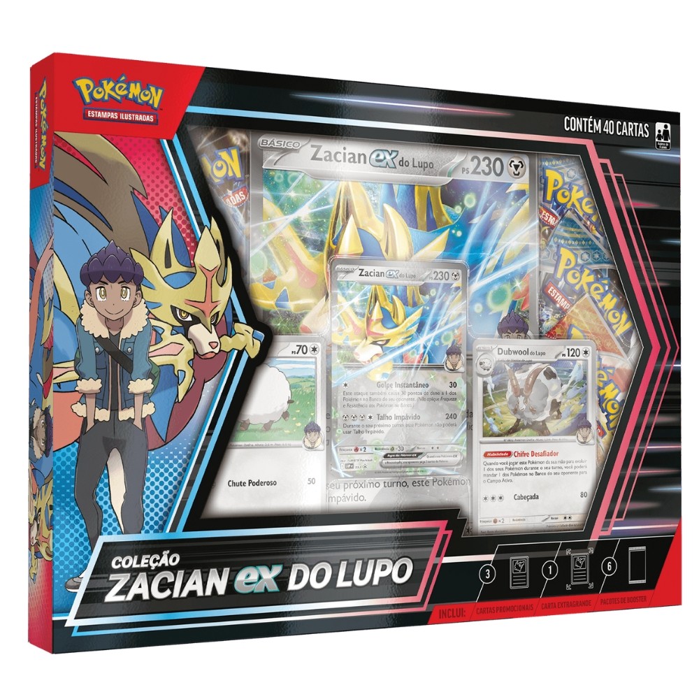 BOX POKÉMON COLEÇÃO ZACIAN EX DO LUPO COPAG 40 CARTAS TCG JUMBO PACOTE BOOSTER TREINADOR EV9
