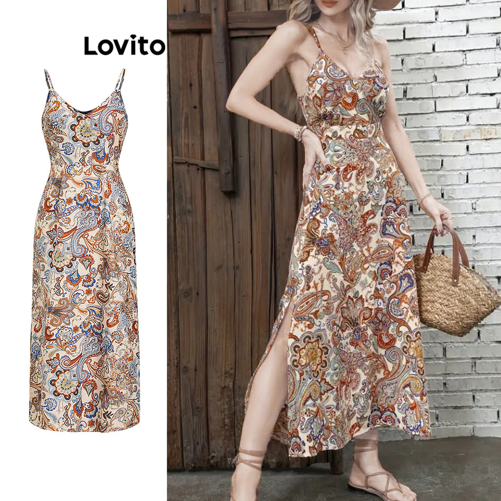 Lovito Vestido Boho Geométrico Split Front Dress Para Mulheres L105MD597 - Women Clothes