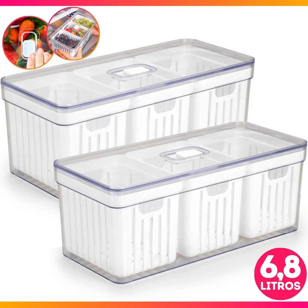 Kit 2 Organizador De Geladeira 6,8 Litros Com 3 Cesto Tampa Multiuso Alimentos Verduras E Vegetais em Oferta na Shopee