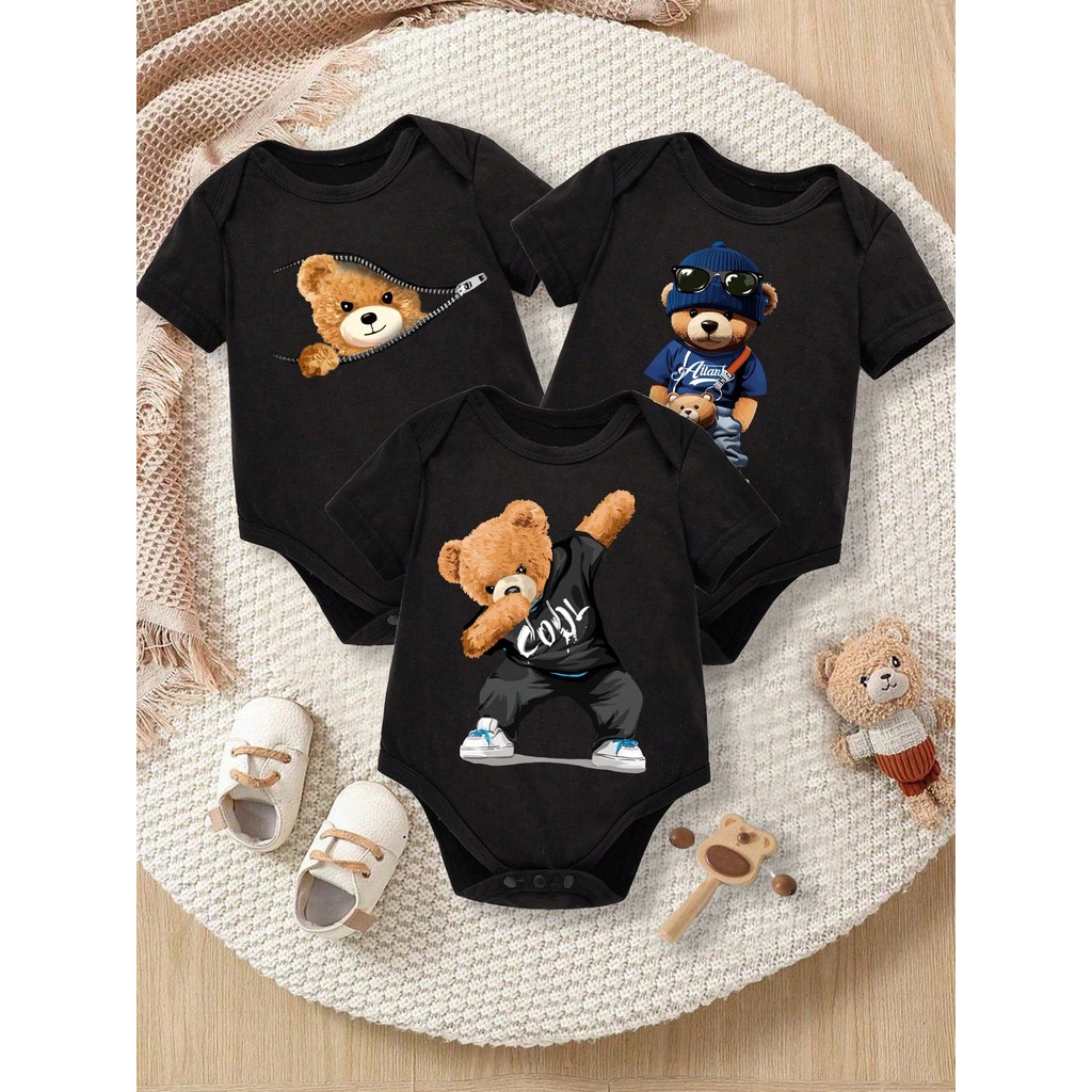 3 peças de Boby para Bebê Casual com Estampa de Urso Cartoon, Manga Curta