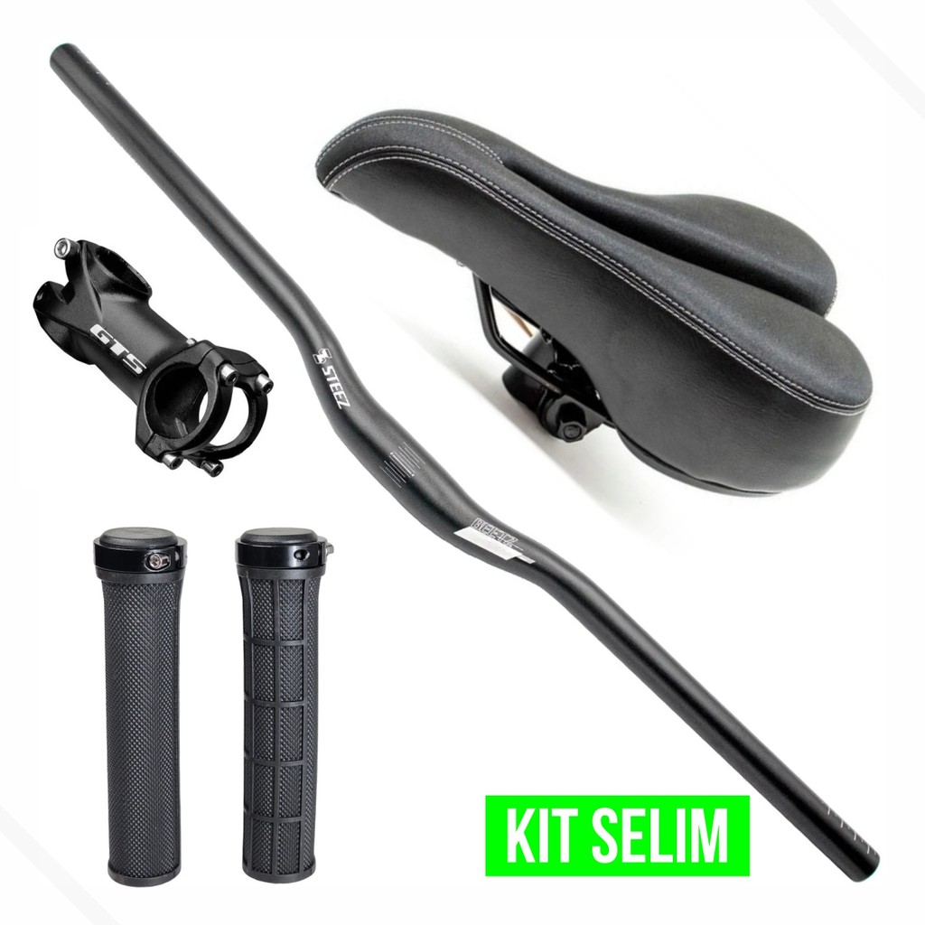 Kit Banco Selim MTB Vazado + Guidão MTB Alumínio Curvo 31.8x700mm c/Sup. Mesa + Manopla C/ Trava GTS