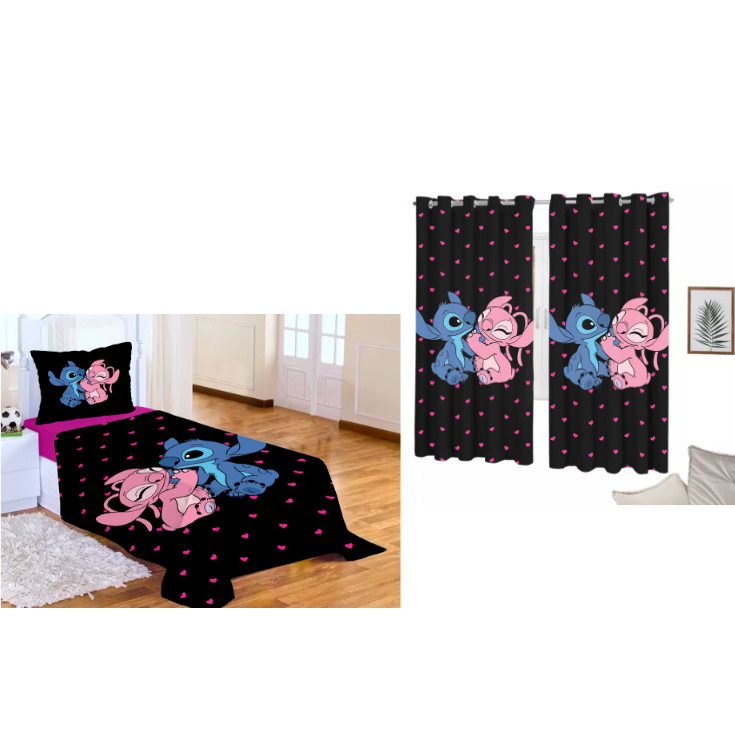 LENÇOL SEM ELASTICO COM FRONHA + CORTINA LILO STITCH PRETO CORAÇÃO em Oferta na Shopee