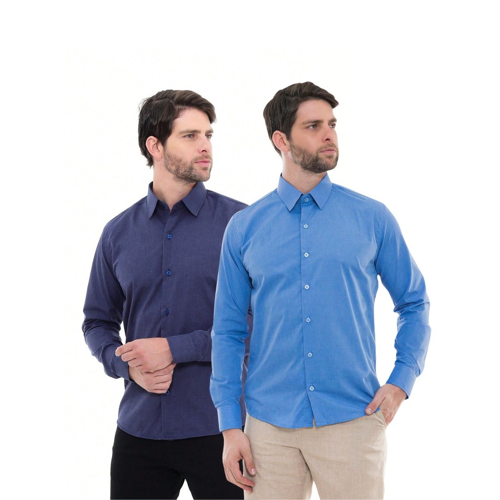 KIT Masculino 2 Peças - Camisa Social Premium Tipo Linho Azul Marinho e Camisa Social Premium Tipo Linho Azul