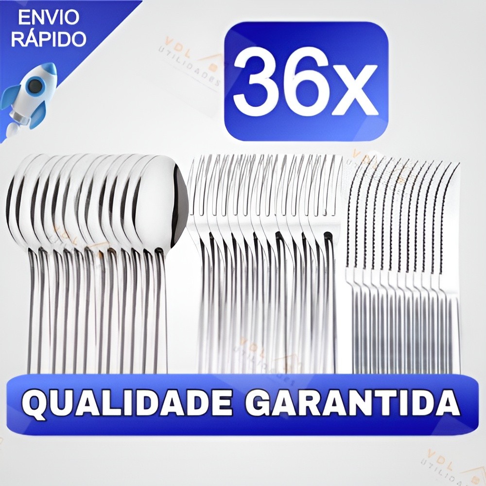 Conjunto Jogo de Talheres 36 peças Aço Inox 12 Facas 12 Garfos e 12 Colheres de Mesa Casa ...