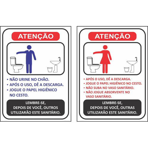 2 Placas Banheiro Masculino E Feminino Regras 20x15cm 0,5mm