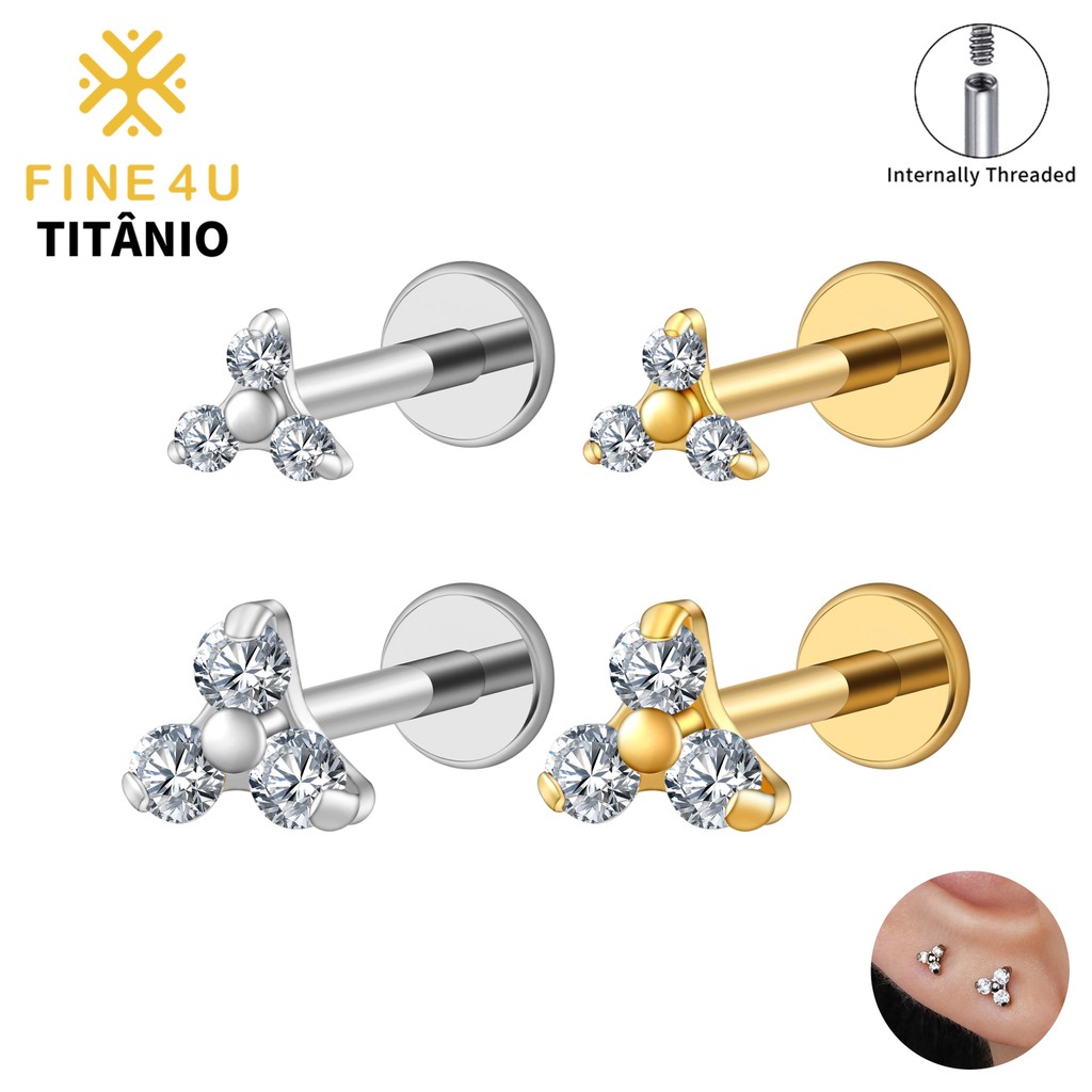 FINE4U Piercing Titânio Triplo Zircônias para Tragus Cartilagem Helix Conch Orelha Labret em Oferta na Shopee