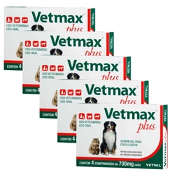 Kit 5 Vetmax Plus 700mg Vermífugo Vetnil - 4 Comprimidos