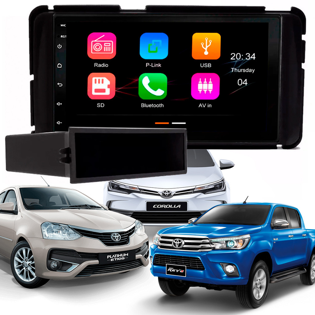 Central Multimídia 7" Pol MP5/BT CarPlay Android + Moldura Black Piano Hilux Etios Corolla GLI AP972