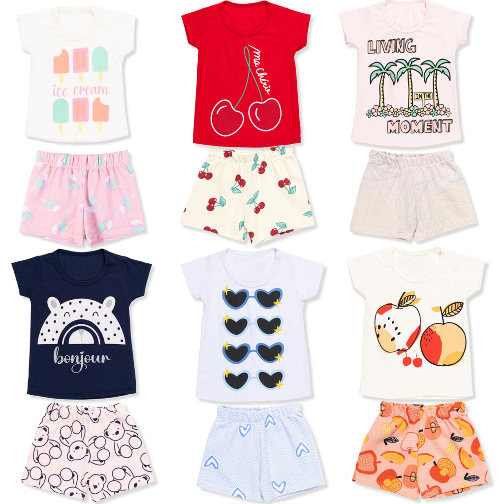 Kit 6 Peças Roupas Infantil Verão Feminino Malha Cotton 3 Camisetas E 3 Bermudas - 3 Conjuntos Infantil Menina Bebe