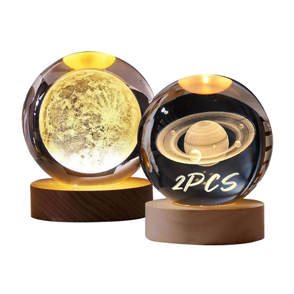 Kit 2 Luminárias LED 3D - Lua, Saturno e Bola de Cristal, Luz Noturna Decorativa | luminaria lua | luz noturna