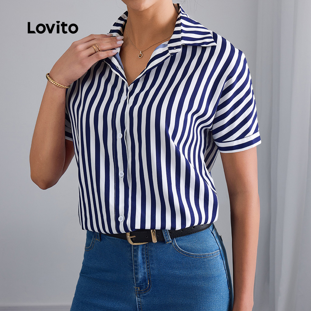 Lovito Blusa Casual listrada lateral com botão frontal para mulheres LBL22493