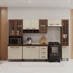 Cozinha Modulada Completa Fidelitá Lisboa 5 Peças 295cm 12 Portas 3 Gavetas Com Tampo Noce/Off-White