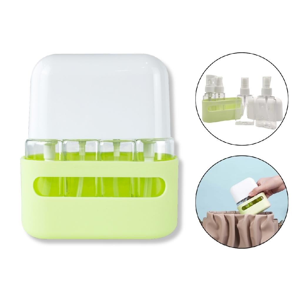 Kit 4 Frascos 50ml Viagem Pump Spray + Case Plástica Verde Bolsa Mala Mochila Shampoo Sabonete Creme