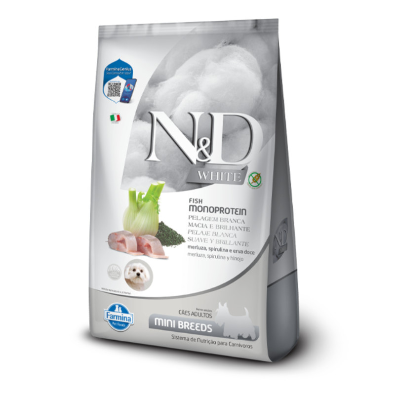 Ração N&D White Pelagem Branca 2 kg para Cães Adultos Mini Breeds sabor Merluza, Spirulina e Erva Doce