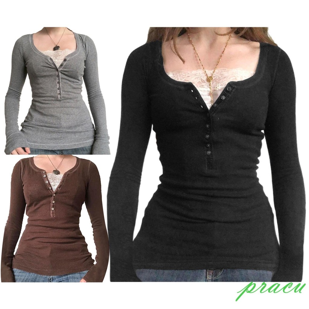 Pracu-Feminino Vintage Rendas Retalhos Manga Longa Topo-1/2 Botão Pulôver Camisa Inverno 2025 Y2K Retro Streetwear Térmi em Oferta na Shopee