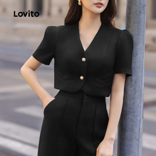 (Trendy) Lovito Conjuntos elegantes de calças com zíper e botão liso para mulheres L129ED323 em Oferta na Shopee