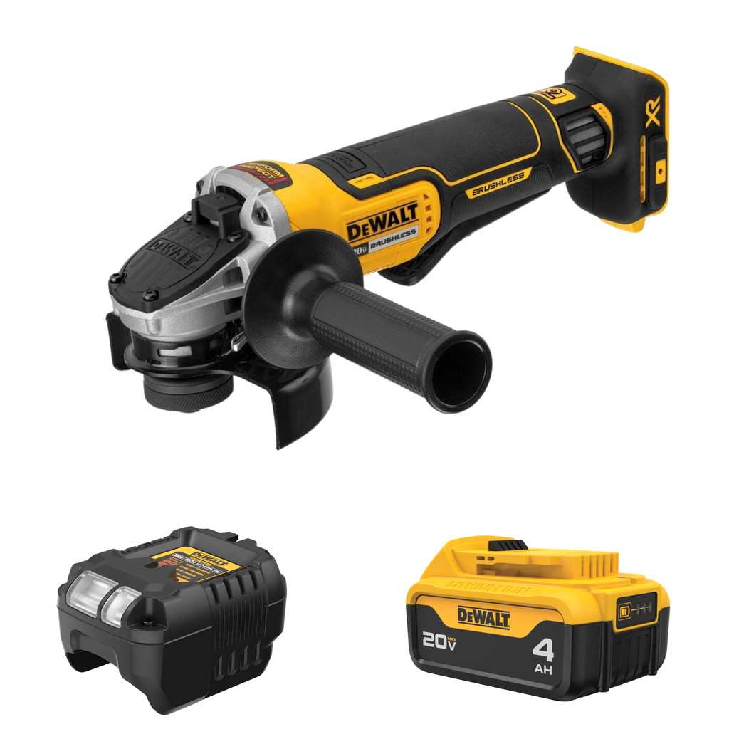 Kit DeWalt DCG413B-B2 | Esmerilhadeira Angular 20V Brushless + Bateria 4Ah DCB204-B3 + Carregador