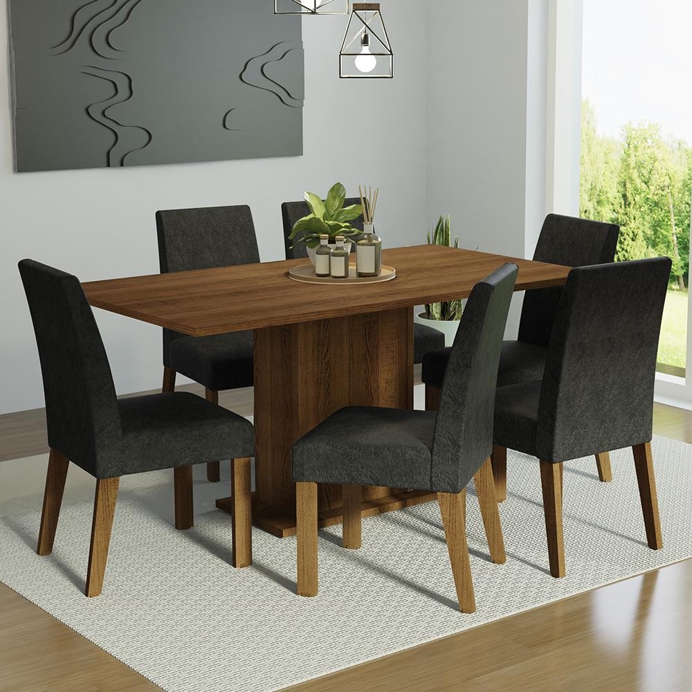 Conjunto Sala de Jantar Mesa Tampo de Madeira 6 Cadeiras Renata Madesa