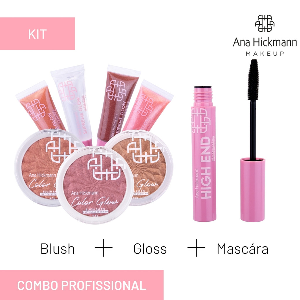 Kit Gloss Supreme Glow + Blush Color Glow + Máscara de Cílios Rímel High End Ana Hickmann em Oferta na Shopee