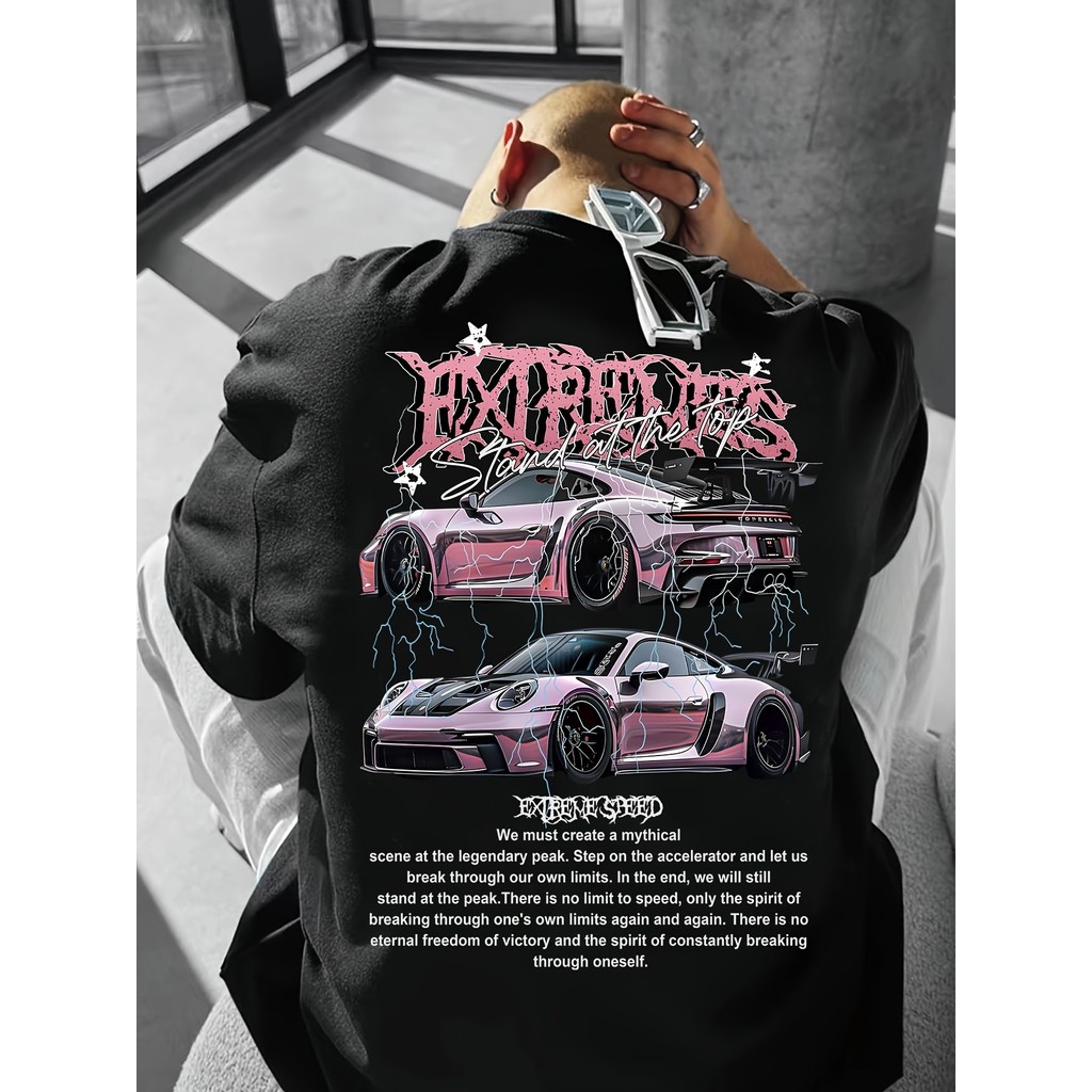 Camiseta Masculina Feminina Oversized Estampa Carro Esportivo Rosa Relâmpagos Letras Gothic T-shirt Streetwear