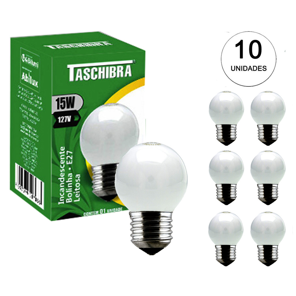 kit 10 Lâmpada Bolinha Incandescente Leitosa 15W 127V E27 Taschibra