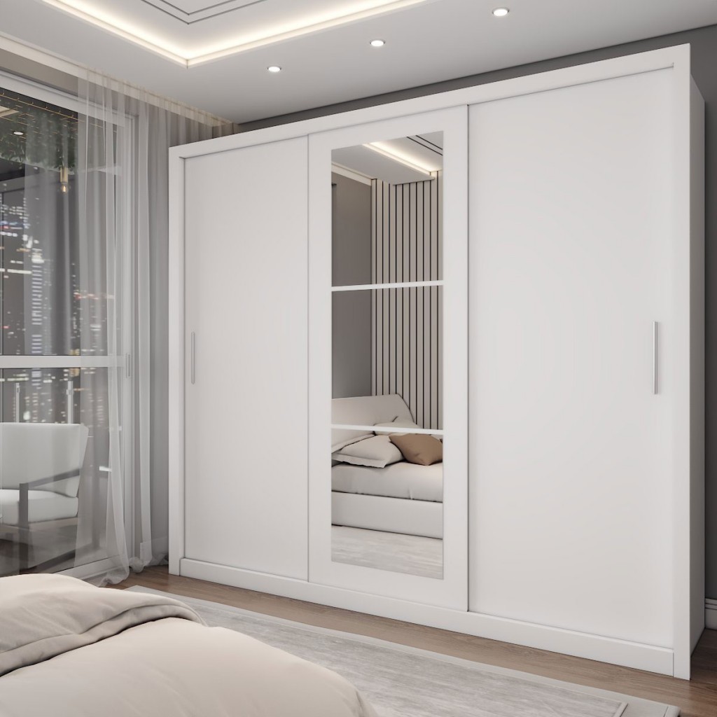 Guarda-Roupa Casal Catarina 3 Portas de Correr 4 Gavetas com Espelhos Branco - Panorama Móveis em Oferta na Shopee