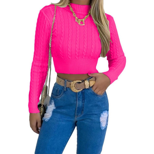 Cropped Blusa Tricot Modal Manga Longa Trançado Inverno Top