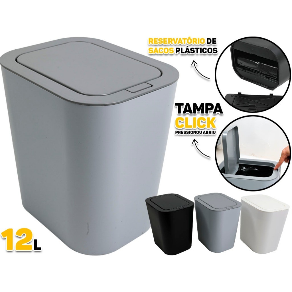 Lixeira 12 Litros Tampa Click Abre Automática E Dispenser Integrado De Sacos De Lixo Banheiro Lavabo Cozinha Escritório